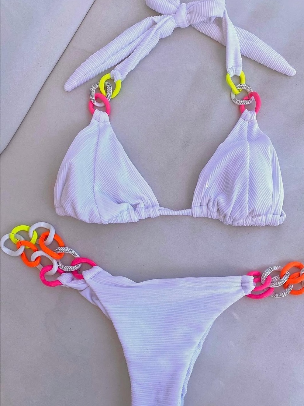 Beach Bunny White Triangle Bikini with Neon Chain Links